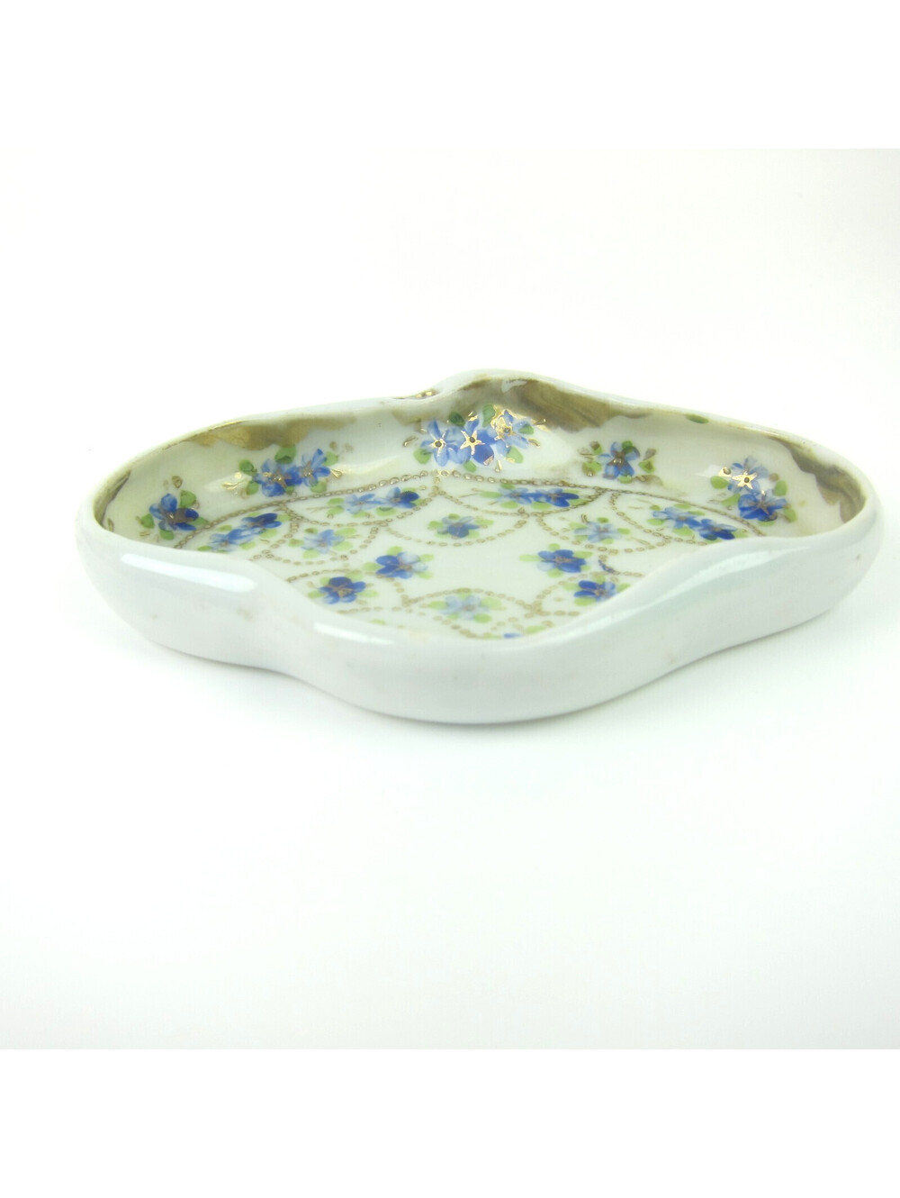Antique Porcelain Dish Hand Painted Blue Flowers Green Gold Accents Japan Mikado - Picture 4 of 13
